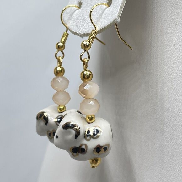 Artisan Ceramic Ram Gold Crystal Glass Beaded Earrings Dangle Gold Tone Unique - Picture 4 of 7